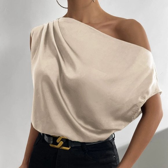 Khaki Boho Womens Asymmetrical Neck Ruched Shoulder Blouse - Picture 5 of 5